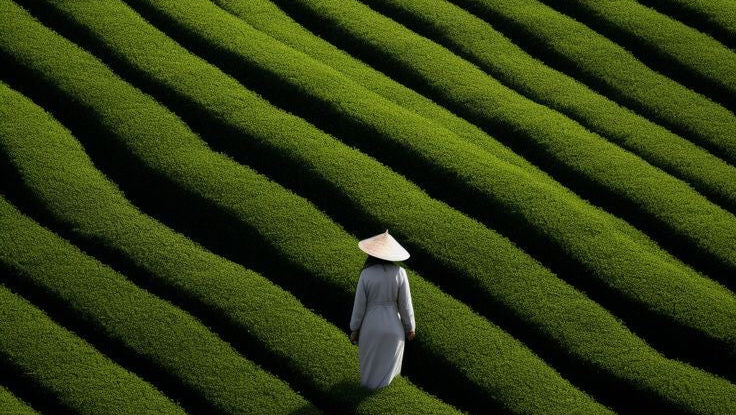 Person walking through a vast field of green tea plants